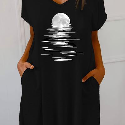 TEMU Women's Plus Size Batwing Sleeve V-neck Nightgown With Moon & Water Design - Casual, Stretchy Fabric, Pocket Dress For All , Casual Wear|vneckline|stretchy Fabric Image