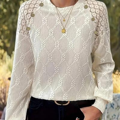 TEMU Women' Blue Lace Trim Elegant Casual T-shirt - Round Neck Long Sleeve Top With Golden Buttons, Semi-sheer Machine Washable Spring/fall Blouse For Casual Attire, Clothing, Nontransparent Fabric Image