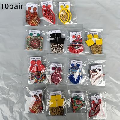 TEMU 5/10 Pairs/pack Bohemian Style Ethnic Wood Material Colorful Mixed Colors Women's Fashion Dangle Earrings Set Wholesale Image