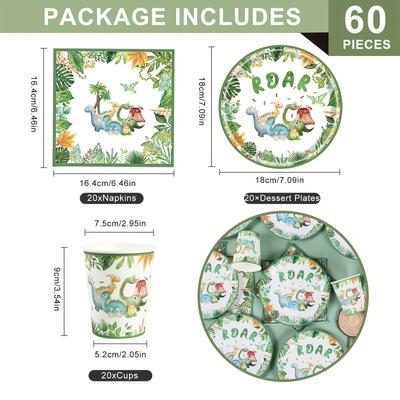 TEMU 60pcs Dinosaur Birthday Party Supplies Set, Dinosaur Party Supplies Paper Plate, Birthday, Paper Plate, Cup, Napkin For Party Birthday Decoration Image