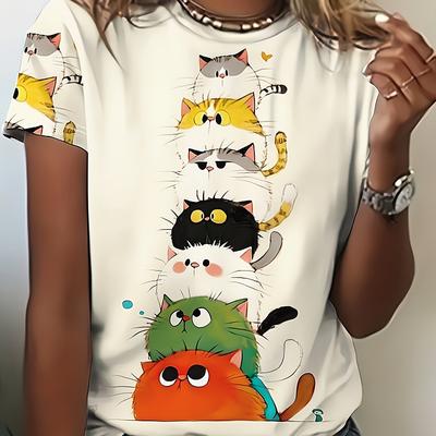 TEMU Women's Vintage Cartoon Cat Print T-shirt - Soft Polyester Blend, Short Sleeve Crew Neck, Machine Washable, Spring/summer Casual Top With Animal Design, Cat Shirt Image