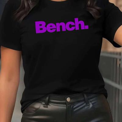 "TEMU Women's Casual Short Sleeve T-shirt With "bench" Graphic Print - Black & Purple Tee, Round Neck, Machine Washable, Casual Attire, Ladies T Shirts, Stretchy Fabric Shirt" Image