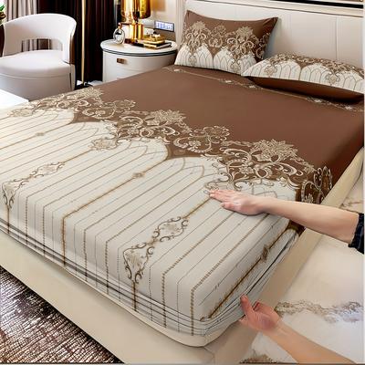 TEMU 3pcs Luxury Coffee Jacquard Bedding Set With Elastic Fitted Sheet + 2 Pillowcases, Soft Light Beige - Durable Decor Image