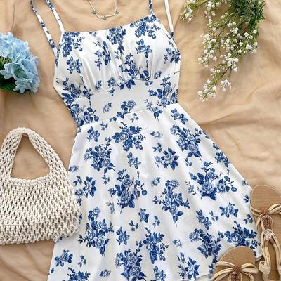 TEMU A Floral Backless Sundress With A Bow, Summer Vacations; Suitable For Parties, Dates, Holidays, Afternoon Tea, And Casual . Image