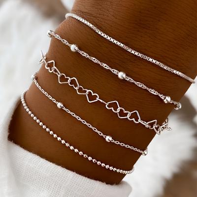 TEMU [5pcs Dainty Chain Bracelets] 5pcs Iron Chain Bracelet Set, Dainty Hand Chains, Fashion-, For Jewelry Image