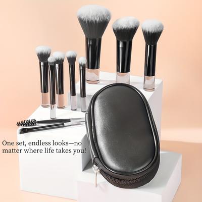 TEMU 10pcs Mini Travel Makeup Brush Set - Fashionable And , With Portable Storage Bag, High-quality Makeup Brush, Suitable For Multi-functional Makeup Applications, Necessity For Image