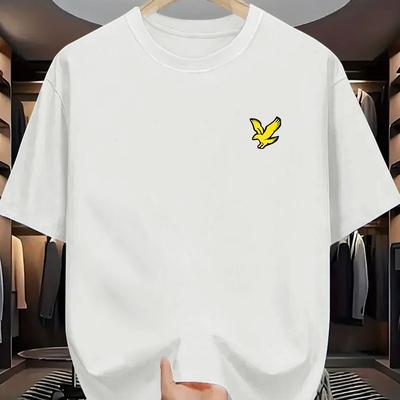TEMU Men' Black Short-sleeve T-shirt With Yellow Eagle Logo - Lightweight, Breathable Polyester Blend, Regular Fit, Round Neck, Summer Casual Wear Image