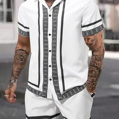 TEMU Men's Summer Geometric Pattern Casual Resort Short Sleeve Shirt And Shorts Set Image