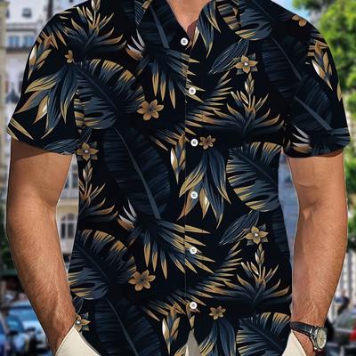 TEMU Men's Tropical Print Short Sleeve Shirt - Stylish Button-up With Palm Tree & , Casual Polyester Fabric For Summer Image