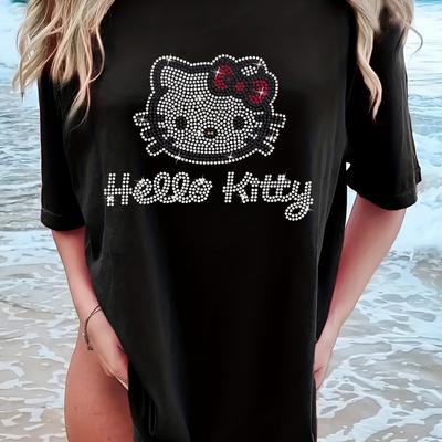 TEMU For Hello Kitty Graphic Tee - Black Casual Crew Neck T-shirt With Cute Cartoon Design, Wear, Casual Attire | Print | , For Hello Kitty Clothing Image