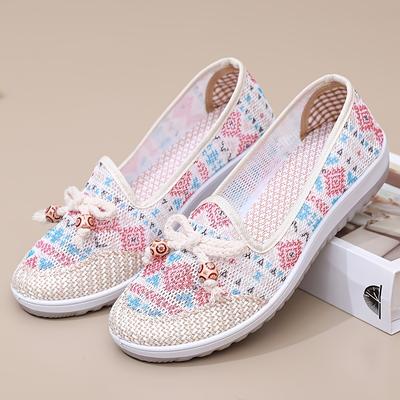 TEMU Women's Summer Slip-on Sneakers - Breathable Fabric, Soft Rubber Sole, Decorative Bows, Elegant Pattern, Casual Attire, Casual Footwear | Elegant Footwear | Comfortable Footwear Image