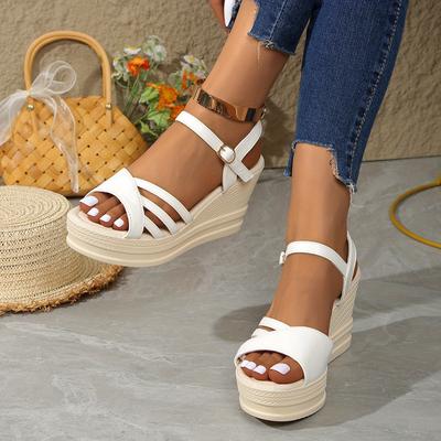 TEMU Women's Fashionable Thick Sole Wedge Sandals - Open Toe Design, Ankle Strap, Spring & Heel Sandals, Casual High Heel Sandals, Casual High Heel Sandals|open Toe Sandals|thick Sole Sandals Image