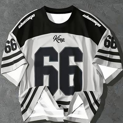TEMU Men's #66 Racing Jersey Style T-shirt - Black & White Striped, Short Sleeve, Polyester, Casual Summer Outdoor Sports Top, Casual Sportswear | Racing Theme Shirt | Knit Construction Image