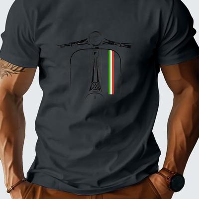 TEMU Men's Casual Short-sleeve T-shirt With Italian Scooter Print - Collection, White Crew Neck Tee With Black & , Casual Attire Image
