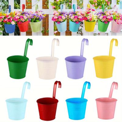 TEMU 8pcs Idolpack Metal Hanging Flower Pots With Detachable Hooks - 4'' Oval Planters For Balcony, Garden, Fence - Vibrant Colorful Iron Pots For Indoor/outdoor Decor, Outdoor Flower Pots Image