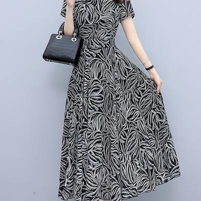 TEMU Women's -neck A-line Midi Dress With Black And White Floral Print, Casual Short Sleeve Pencil Dress For All , Relaxed Fit Dress| Dress Design|floral Print Dress Image
