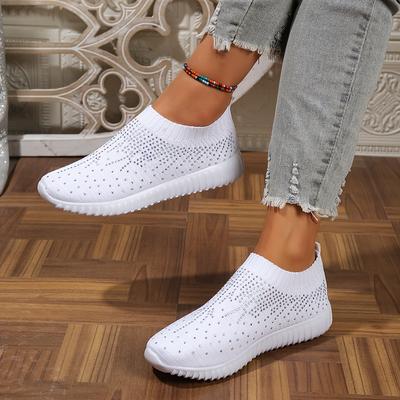 TEMU Breathable White Mesh Sneakers With Sparkling Details - Lightweight, Soft Sole, Casual , Casual Footwear | Sparkling Detail Sneakers | Comfortable Footwear Image