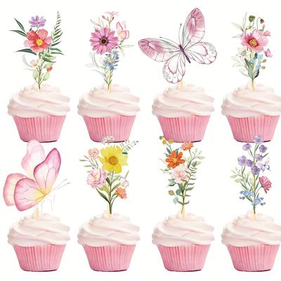 TEMU 16pcs Vibrant & Cupcake Toppers - Shower, Birthday, Gender Reveal Party Decorations, Bamboo Picks For Cupcakes, Shower Decor|floral Topper|natural Bamboo Material, Baby Shower Decoration Image