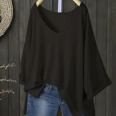 TEMU Women's Plus Size Relaxed Fit V-neck 3/4 Sleeve T-shirt - Elegant Solid Color Detailing, Machine Washable Stretch Fabric For Spring Summer Fall Casual & Vacation Wear, Nontransparent Fabric Image