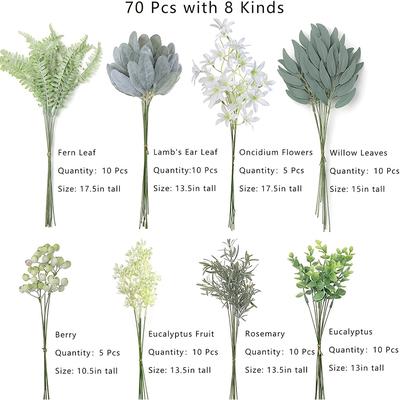 TEMU 70pcs Artificial Eucalyptus Greenery Bundle, Includes 8 Types Of Fake Flowers, White And Gray Green, For Diy Wedding Bouquet Centerpiece, Floral Arrangement Image