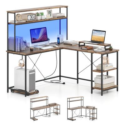 Costway L-Shaped Reversible Gaming Desk with LED Strip and Power Outlets Hutch Monitor Stand-Rustic Brown