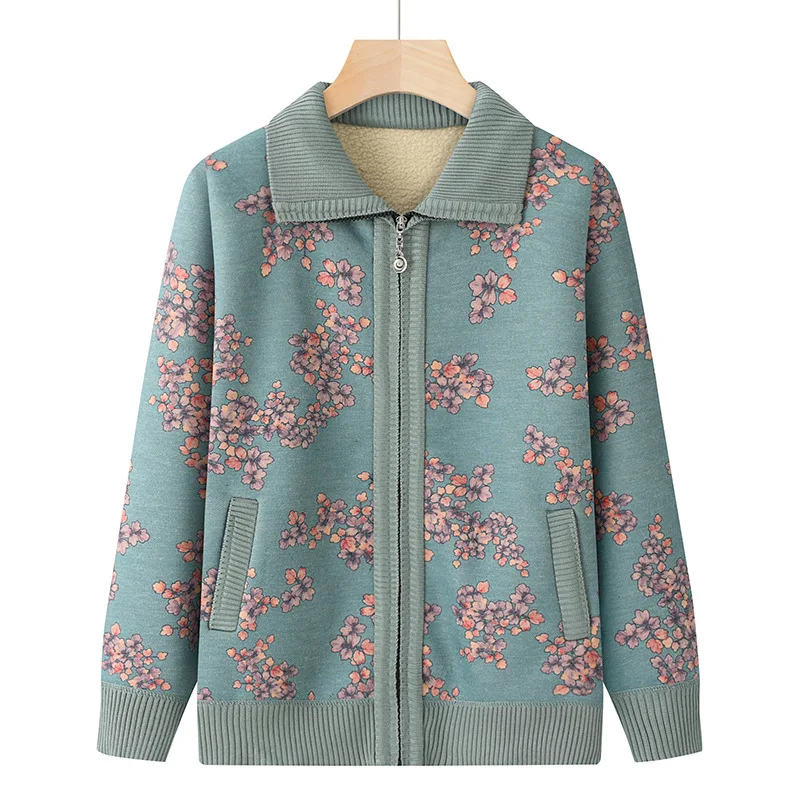 Mittleren alters Ältere frauen Pullover Herbst Und Winter Plus Samt Gestrickte Strickjacken Mantel Mütter Jacke Verdicken Warme Strickwaren Image