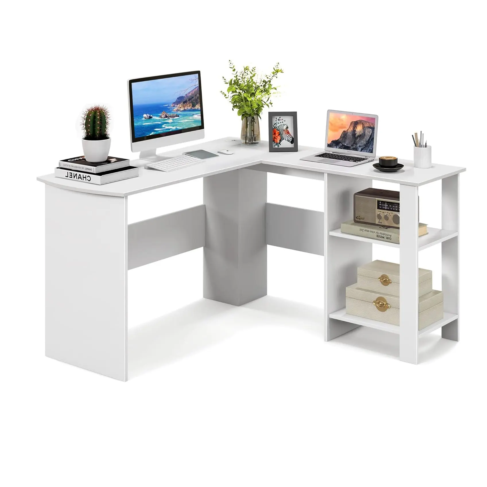 L-förmiger Eck schreibtisch mit 2 Kabel löchern und Ablage fächern, Eck tisch, Computer tisch, für zu Hause oder im Büro, 130 x x 74 cm