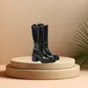 Schwarze Lacklederstiefel mit dickem Absatz, Herrenschuhe, lange, matte Leder-Kniehohe Schuhe mit