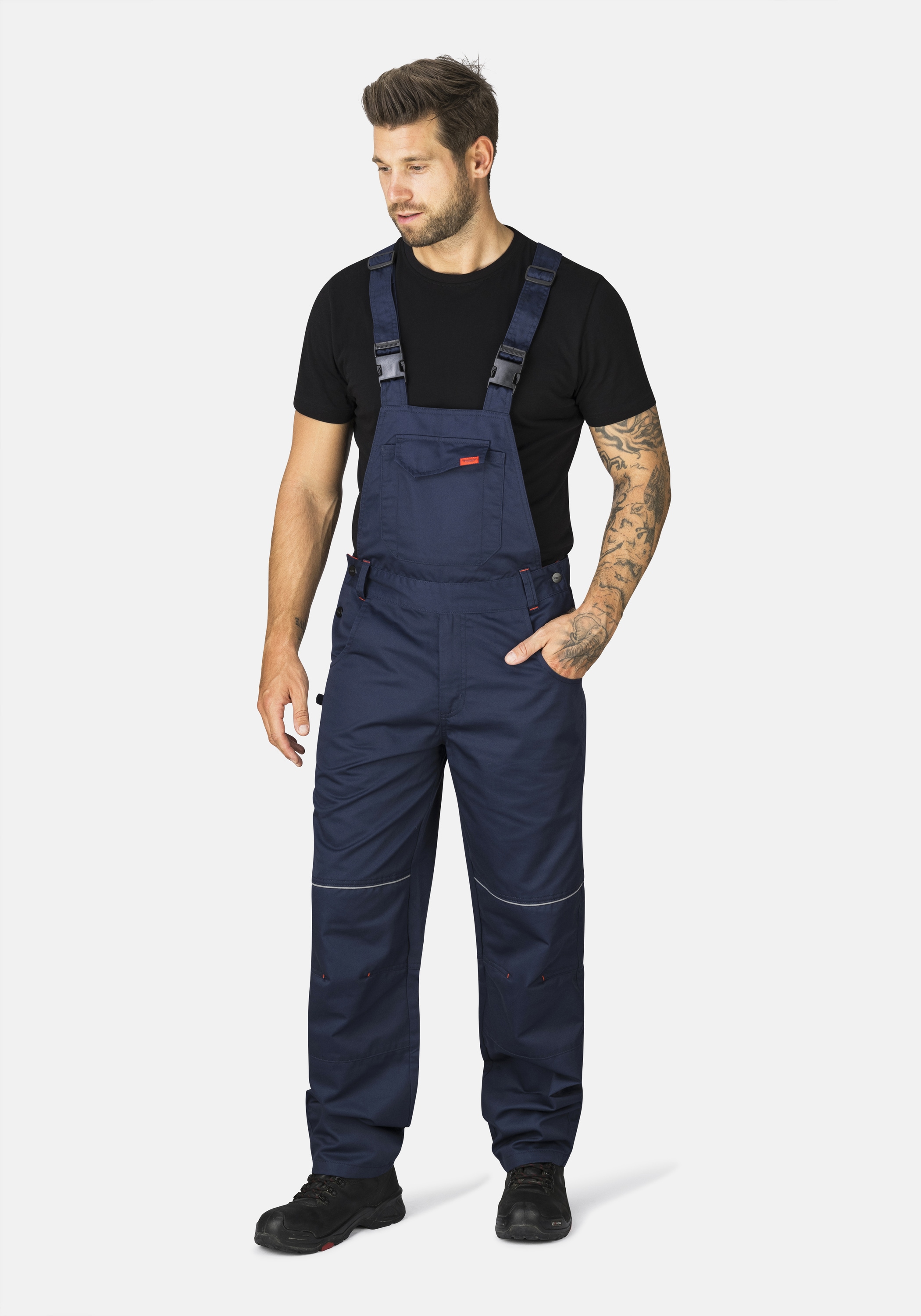 Arbeitslatzhose HERO BY JOHN MEDOOX "EDMONTON Basic Workwear Arbeits-Cargo-Latzhose", Herren, Gr. 50, Länge 32, blau (marine), Sweatware, 65% Polyester, 35% Baumwolle, gerade lang, Hosen, Arbeits-Cargo-Latzhose Funktionsqualitätfür Herren
