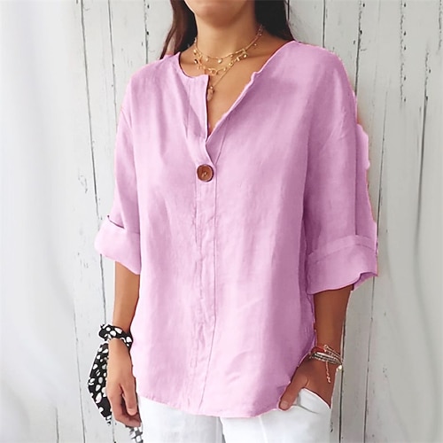 Damen Baumwoll-Leinen-Hemden Kunstbaumwollleinen Einfach Täglich Stilvoll Basic Langarm V Ausschnitt Normale Oberteile Täglich Arbeit Ferien Schwarz Weiß Rosa Frühling Herbst Image