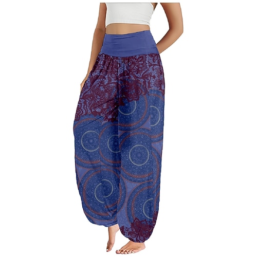 Damen Kunstbaumwollleinen Weites Bein Hosen Hose Ethno-Stil Lässig Boho Volle Länge Hohe Taille Grafikdrucke Tasche Elastischer Bund Drucken Atmungsaktivität Weich Mikroelastisch Outdoor Yoga Schwarz Image