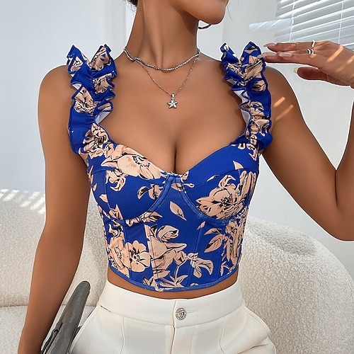 Schmale Passform Bauchfreies Top Tanktop Bustier Blumen Kostüm Damen Halloween Karneval Party Abend Erwachsene Oberteil Image