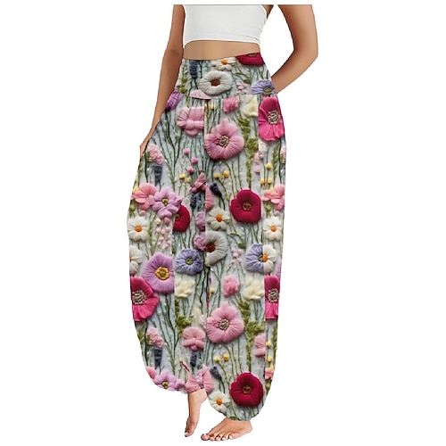 Damen Kunstbaumwollleinen Weites Bein Hosen Hose Ethno-Stil Lässig Boho Volle Länge Hohe Taille Blumen Tasche Elastischer Bund Drucken Atmungsaktivität Weich Mikroelastisch Outdoor Yoga Rosa Purpur Image