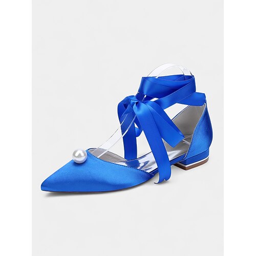 Marineblaue Ballerinas aus Satin mit spitzer Spitze für Damen – Abendschuhe mit Perlenverzierung und Schleife für elegante Abende, Hochzeiten und besondere Anlässe Image