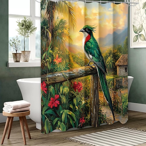 Duschvorhang mit Haken 200 cm hoch duschvorhang waschbar Polyester maschinenwaschbar wasserdicht blumen blatt tropische Vogelblumenblatt-Pflanzen einfaches Muster Image