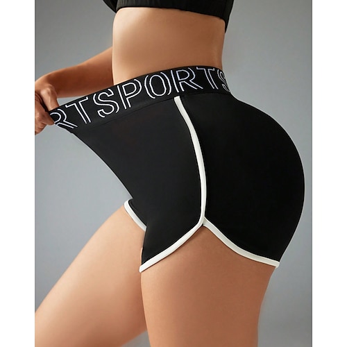 Damen Yogashorts Elastischer Bund Leicht Hohe Taille Pilates Fitnesstraining Golfspiel Shorts Buchstabe Schwarz Sport Sportkleidung Dehnbar Schlank Image