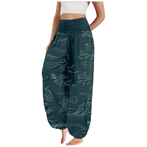 Damen Kunstbaumwollleinen Weites Bein Hosen Hose Ethno-Stil Lässig Boho Volle Länge Hohe Taille Blumen Tasche Elastischer Bund Drucken Atmungsaktivität Weich Mikroelastisch Outdoor Yoga Waldgrün Image