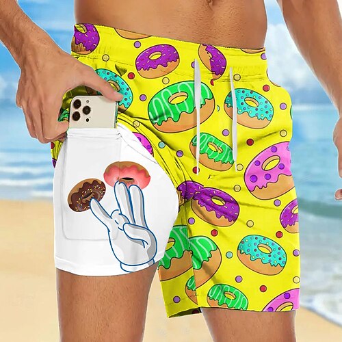 Herren Neuheit Donuts Gefütterte Shorts 2 in 1 Badeshorts Badeshorts Mittlere Taille Hawaiianisch Urlaub Ferien Strandbekleidung Seitentaschen Mit Kompressionsfutter Elastischer Kordelzug in der Image