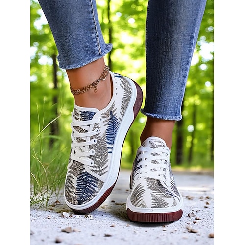 Damen-Sneaker aus Stoff mit buntem Blätterdruck – lässige Schnürschuhe für naturliebende Frauen, ideal für Spaziergänge im Freien und den Alltag Image