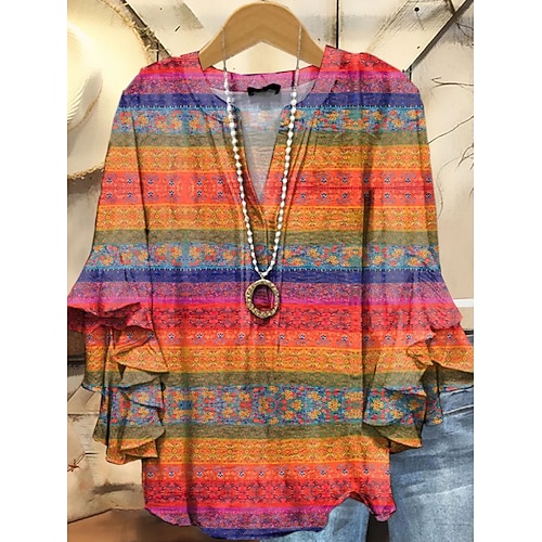 Frauenbluse V-Ausschnitt Geschichtete Rüsche Ärmels Oberteile Floral Grafik Vogel Alltag Stylisch Lässig 3/4-Ärmel Regelmäßige Oberteile Alltag Urlaub Freizeitkleidung Print Rot Orange Sommer Frühling Image