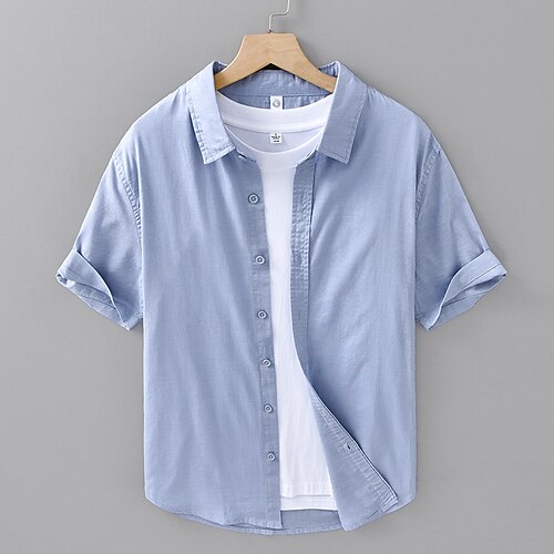 Herren Hemd Leinenhemd Freizeithemd Knopfhemd Baumwollhemd Einfach Urlaub Straße Weiß Marineblau Blau Himmelblau Kurzarm Umlegekragen Sommer Bekleidung Image
