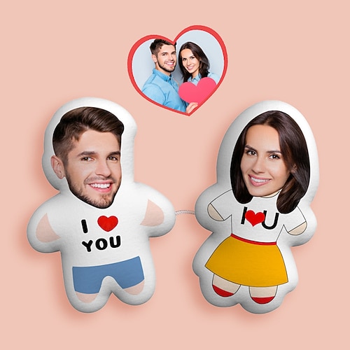 Benutzerdefiniertes Gesicht Foto Kissen Paar personalisiertes Geschenk Spielzeug Plüschpuppe Link mit einer Linie ideales Geschenk für Sie Ihn Paar Image