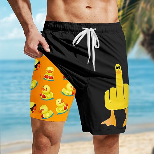 Herren Tiermotiv Lustig Ente Gefütterte Shorts 2 in 1 Badeshorts Badeshorts Mittlere Taille Hawaiianisch Urlaub Ferien Strandbekleidung Seitentaschen Mit Kompressionsfutter Elastischer Kordelzug in Image