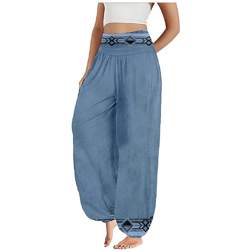 Damen Kunstbaumwollleinen Weites Bein Hosen Hose Ethno-Stil Lässig Boho Volle Länge Hohe Taille Blumen Grafik Paisley-Muster Tasche Elastischer Bund Drucken Atmungsaktivität Weich Mikroelastisch Image