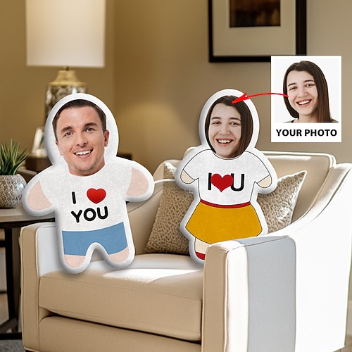 Benutzerdefiniertes Gesicht Foto Kissen Paar personalisiertes Geschenk Spielzeug Plüschpuppe Link mit einer Linie ideales Geschenk für Sie Ihn Paar Image
