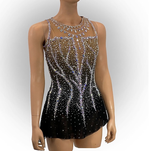 Eiskunstlaufkleid Damen Mädchen Eislaufen Kleid Schwarz Patchwork Asymmetrischer Saum Netzstoff Hohe Elastizität Training Wettbewerb Eiskunstlaufkleidung Klassisch Kristall / Strass Ärmellos Image