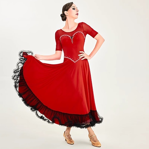Damen Gesellschaftstanz-Wettbewerbskleid Moderner Walzer Tango Standardkleid Kurzarm-Performance-Kostüme Image