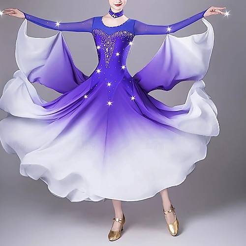 elegantes Gesellschaftstanzkleid Damen Performance Walzer Tanzkleid Langarm Strass moderne Tanzbekleidung Kostüme Image