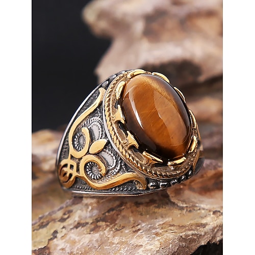 Herrenring aus Edelstahl im Vintage-Stil mit Tigerauge-Stein, antikes silbernes Tribal-Design, auffälliger Statement-Ring, geeignet für legere und formelle Anlässe Image