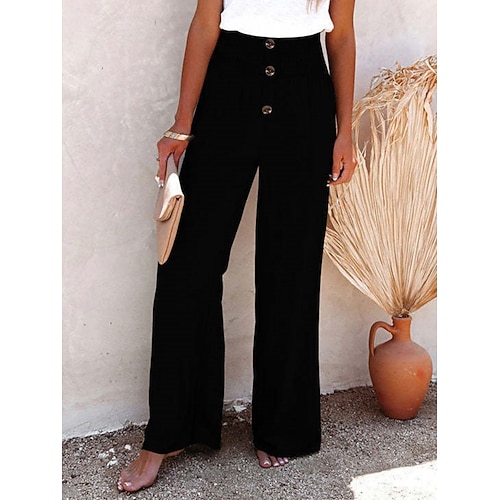 Damen Weites Bein Chinos Mode Streetwear Volle Länge Hohe Taille Einfach Elastischer Bund Bequem Weich Mikroelastisch Outdoor Straße Schwarz Weiß Marinenblau Frühling Herbst Normale Passform Image